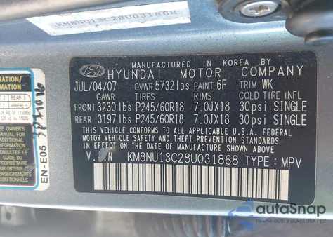 2008 Hyundai Veracruz Gls/Limited/Se from USA, damaged, VIN KM8NU13C28U031868
